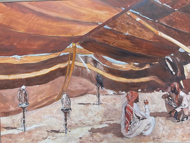 Bedouin Tent, two men and three falcons
