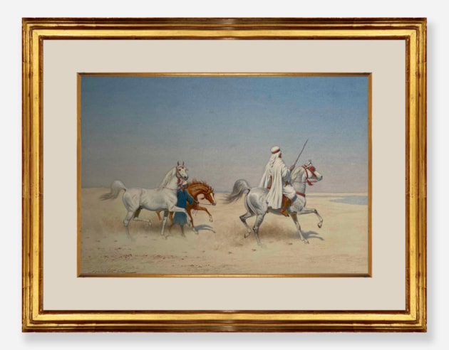 Arab Warrior on Horseback and groom leading two Arabian Horses