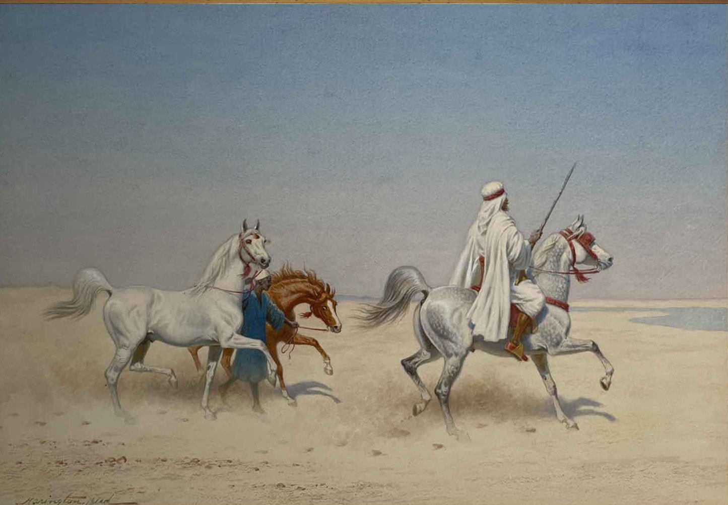 Arab Warrior on Horseback and groom leading two Arabian Horses