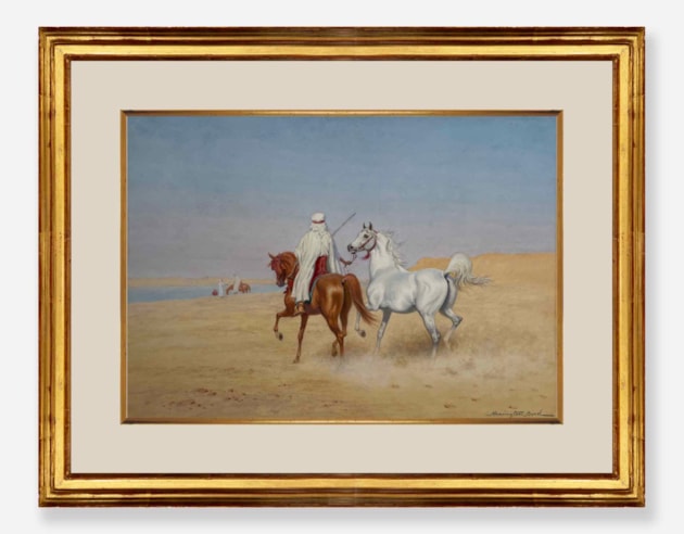 Mounted Arabian Warrior leading a white Arabian Horse, figures beyond
