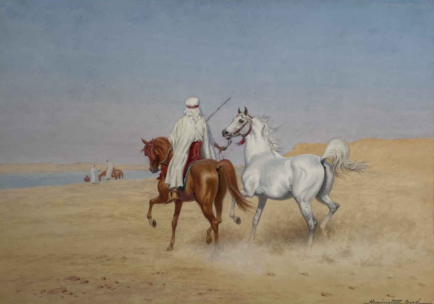 Mounted Arabian Warrior leading a white Arabian Horse, figures beyond